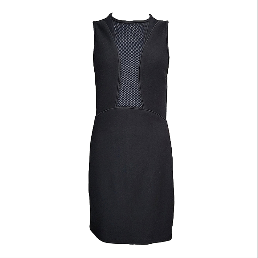 AQ/AQ Dress Black Fitted Cocktail Scorpio Midi Mesh Panels Knit LBD sz 6
